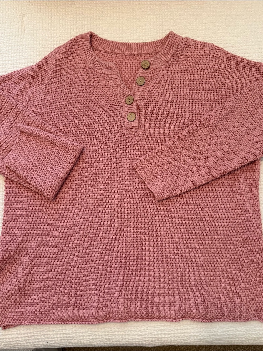 Amazon Mauve Rose Knit Henley Scoop Sweater with Wood Buttons